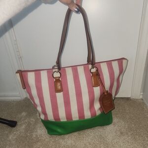 Dooney & Bourke Pink And White Stripe Green Base Canvas And Leather Tote Bag